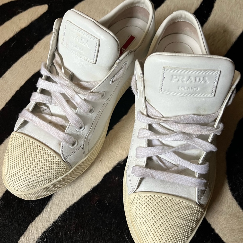 Prada white leather pointed toe sneakers